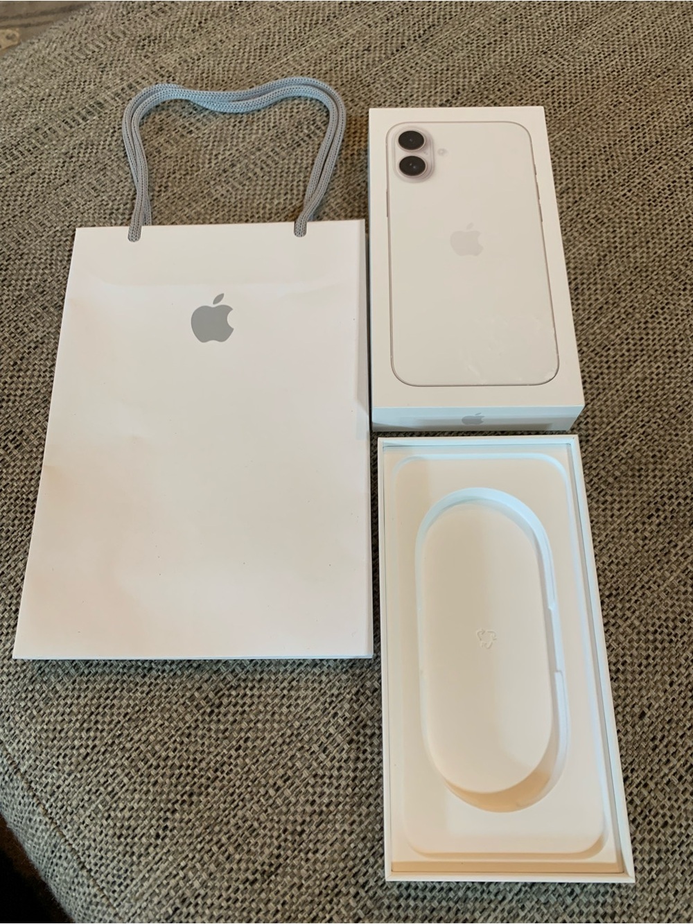 Apple iPhone 16 plus 128 GB box and Apple bag